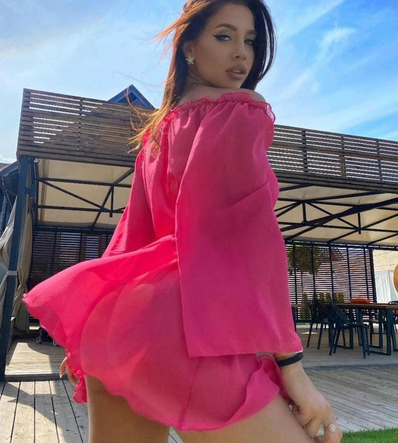 Yiiciovy Summer Sexy Women's Solid Color Bikini Cover-Ups Beach Femme Ruffles Long Sleeeve Mini Dress Beachwear Tulle Cover Ups