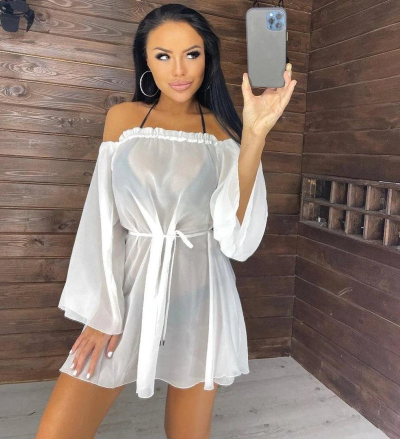 Yiiciovy Summer Sexy Women's Solid Color Bikini Cover-Ups Beach Femme Ruffles Long Sleeeve Mini Dress Beachwear Tulle Cover Ups