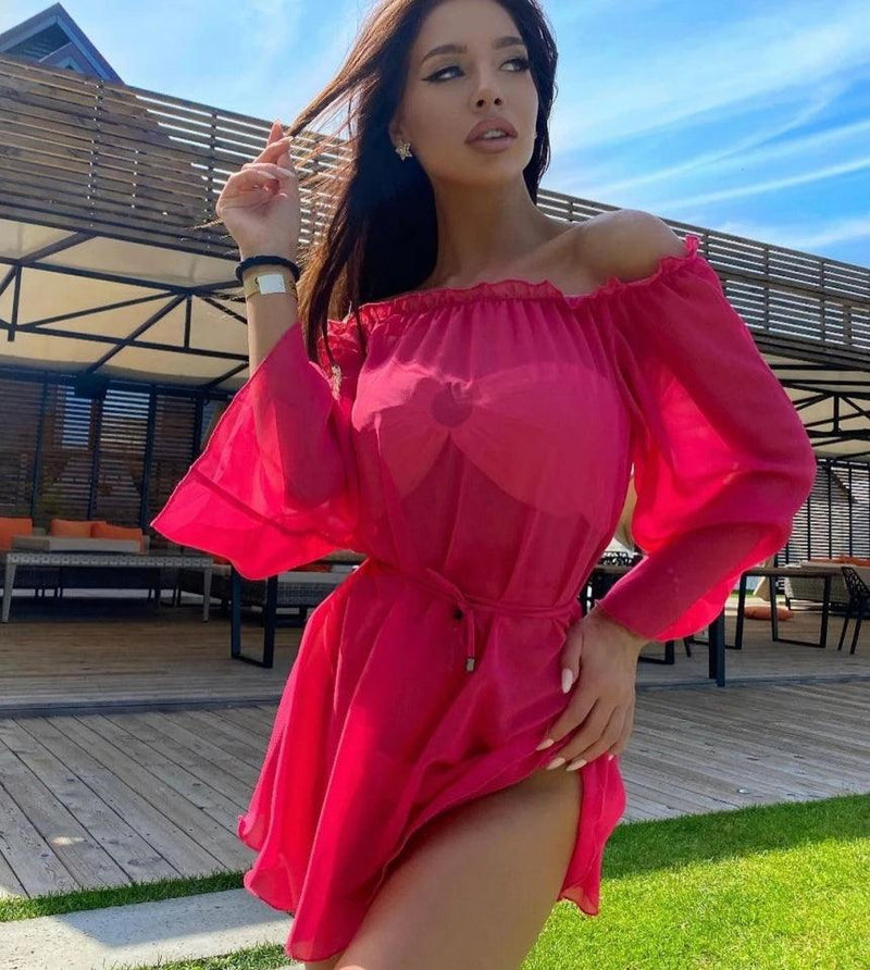 Yiiciovy Summer Sexy Women's Solid Color Bikini Cover-Ups Beach Femme Ruffles Long Sleeeve Mini Dress Beachwear Tulle Cover Ups