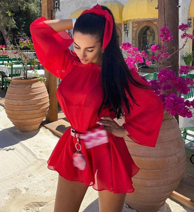 Yiiciovy Summer Sexy Women's Solid Color Bikini Cover-Ups Beach Femme Ruffles Long Sleeeve Mini Dress Beachwear Tulle Cover Ups