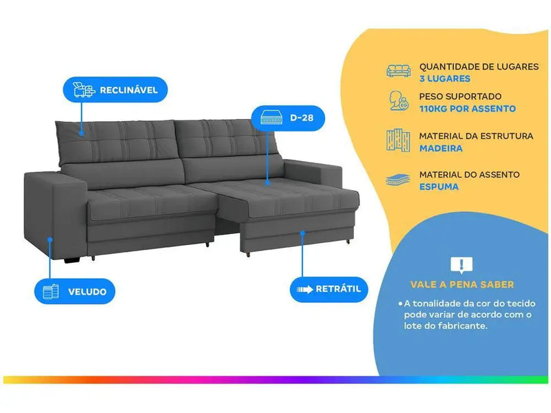 Sofá retrátil reclinável 3 lugares veludo Medelín Besthouse