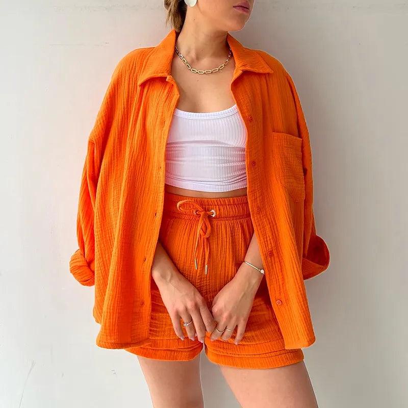 2023 Summer Women's Two Piece Casual Long Sleeve Short Sets Fashion Button Outfits Suit Solid Pleated Two Piece Set For Women