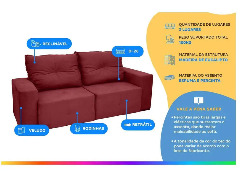Sofá retrátil reclinável de veludo de 3 lugares