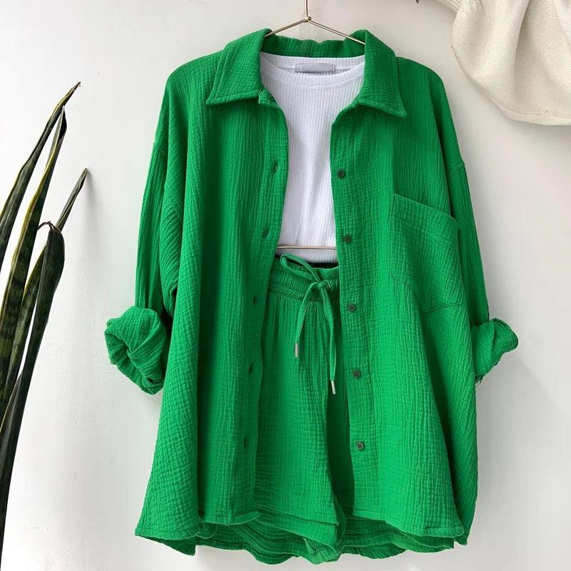 2023 Summer Women's Two Piece Casual Long Sleeve Short Sets Fashion Button Outfits Suit Solid Pleated Two Piece Set For Women