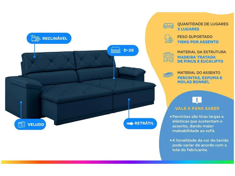Sofá retrátil reclinável 3 lugares Flex Flex Flex Fleece estofamento de veludo caribenho