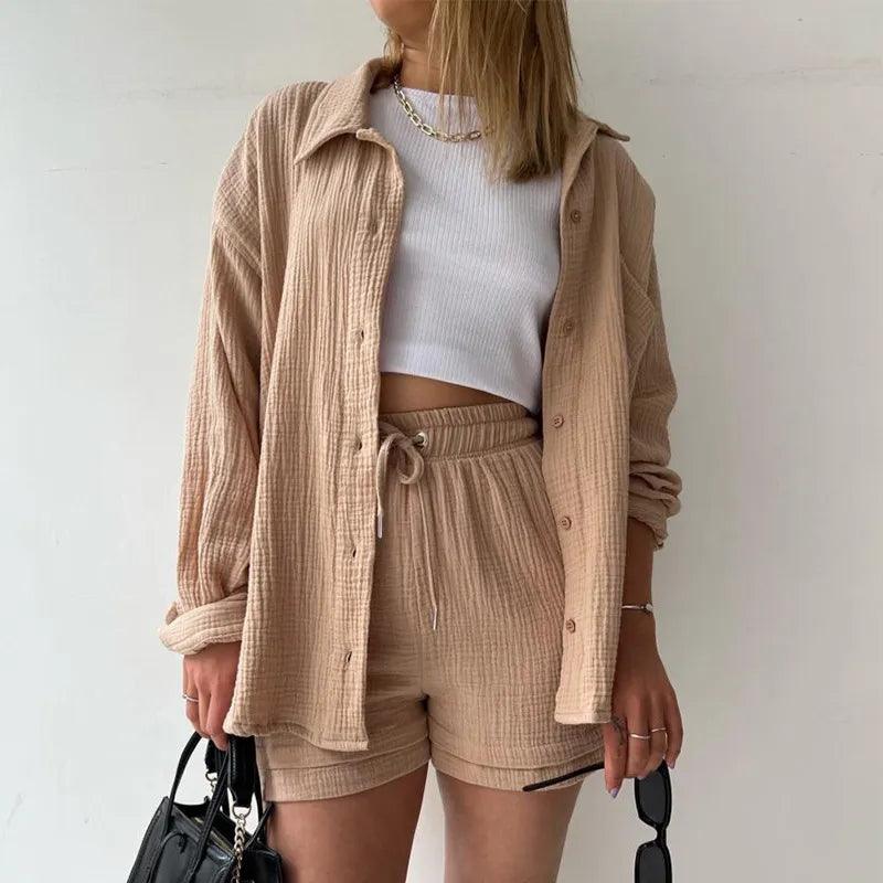 2023 Summer Women's Two Piece Casual Long Sleeve Short Sets Fashion Button Outfits Suit Solid Pleated Two Piece Set For Women