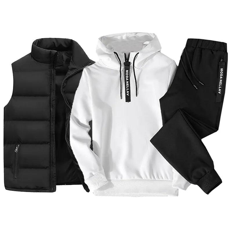 Mens Tracksuit Suits Half zip Hooded Sweatshirt+Waterproof Down Vest+Sweatpants 3 Piece Set 2023 New Winter Warm Casual Clothes