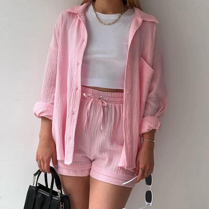 2023 Summer Women's Two Piece Casual Long Sleeve Short Sets Fashion Button Outfits Suit Solid Pleated Two Piece Set For Women