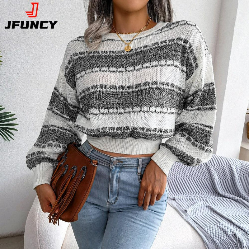JFUNCY (Suéter Elegante Manga Longa Listrado)